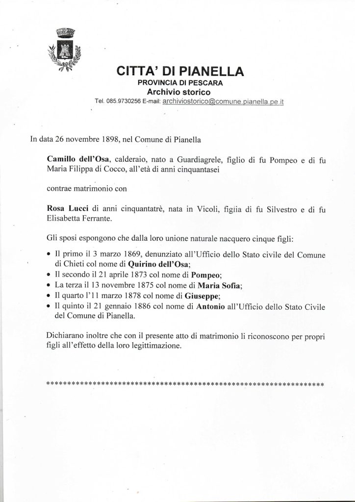 002B Certificato matrimonio DELL' OSA CAMILLO Comune di Pianella page