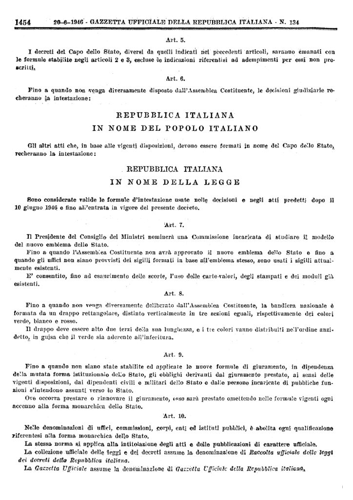 Gazzetta Ufficiale della Repubblica Italiana Anno 87° n° 134 del 20 giugno 1946 del page